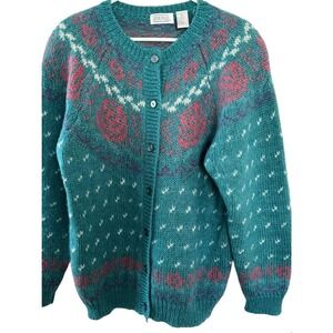 Vintage 90's Ashley Mohair Cardigan Sweater Sz Large Fairisle Roses Pink Green